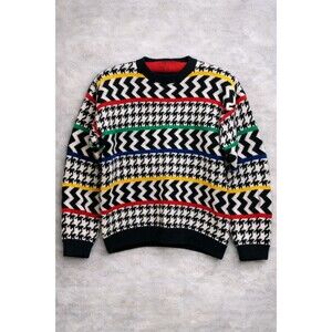 90s Houndstooth Zigzag Sweater Petite Medium Colorblock Knit Vintage